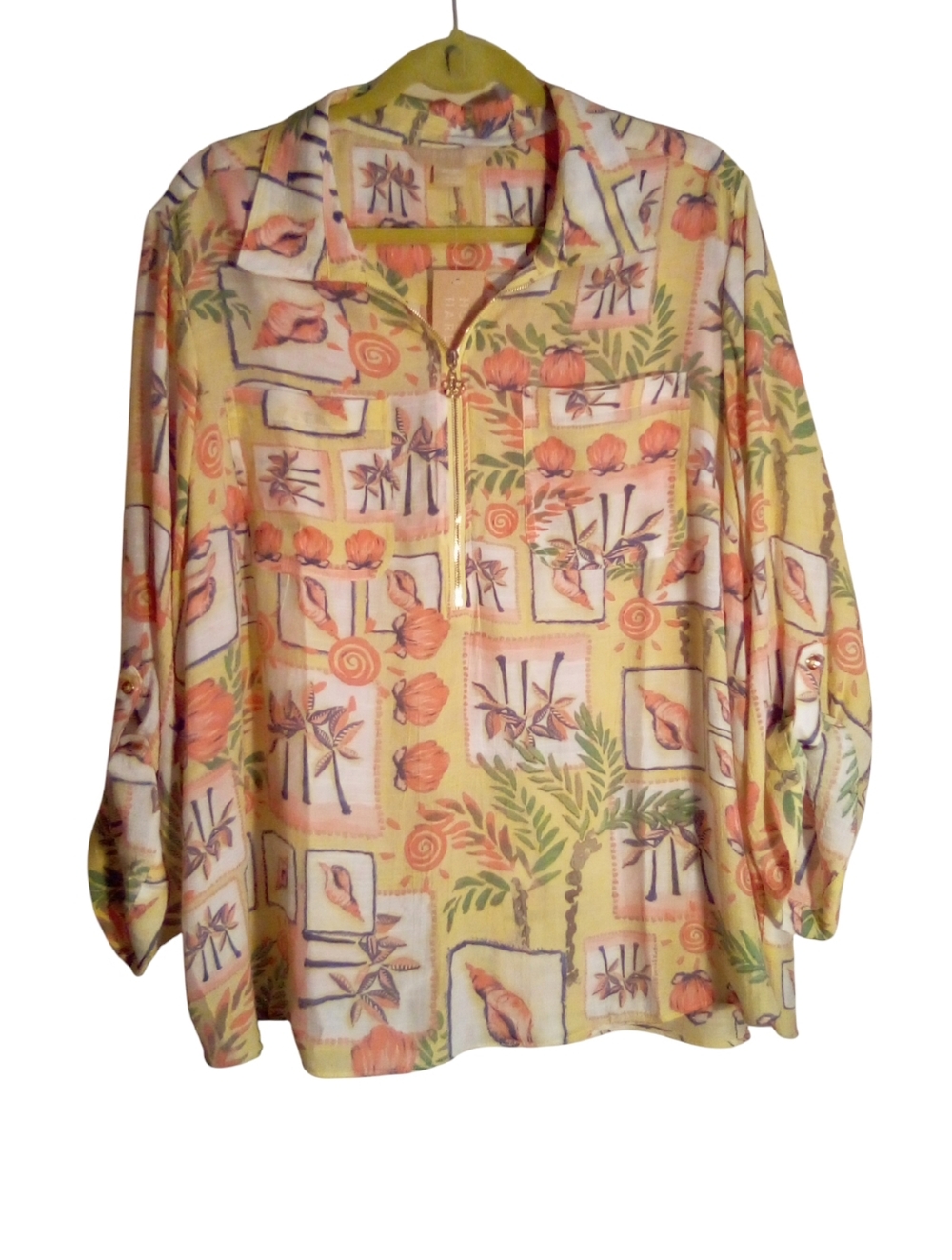 Hope & Harlow Woman 2X Shirt Tropical Resort Shells Palm Trees Half Zip Pullover